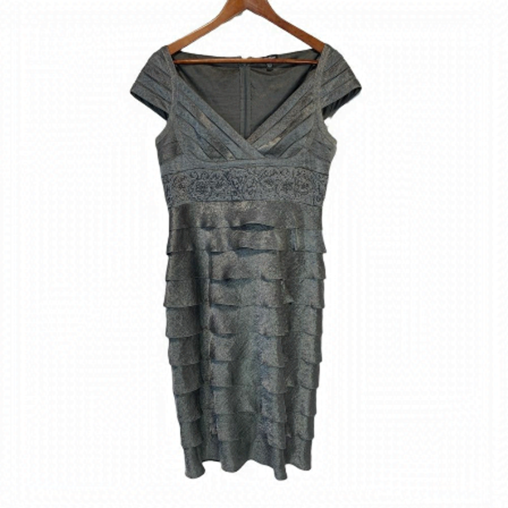 𝅺LE Chateau Metallic Grey Ruffled Formal Dress